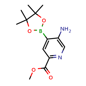 Chemical structure of methyl 5-amino-4-(4,4,5,5-tetramethyl-1,3,2-dioxaborolan-2-yl)pyridine-2-carboxylate , CAS 1859083-82-1, AChemBlock X183307