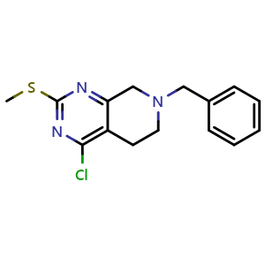 Chemical structure of 7-benzyl-4-chloro-2-methylsulfanyl-6,8-dihydro-5H-pyrido[3,4-d]pyrimidine , CAS 859826-11-2, AChemBlock X183316