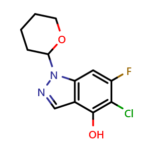 Chemical structure of 5-chloro-6-fluoro-1-tetrahydropyran-2-yl-indazol-4-ol , CAS 2368909-53-7, AChemBlock X183336