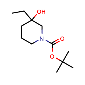 Chemical structure of tert-butyl 3-ethyl-3-hydroxy-piperidine-1-carboxylate , CAS 1508200-67-6, AChemBlock X183353
