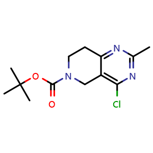 Chemical structure of tert-butyl 4-chloro-2-methyl-7,8-dihydro-5H-pyrido[4,3-d]pyrimidine-6-carboxylate , CAS 1196156-04-3, AChemBlock X183395