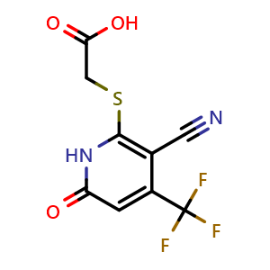 Chemical structure of 2-[[3-cyano-6-oxo-4-(trifluoromethyl)-1H-pyridin-2-yl]sulfanyl]acetic acid , CAS 852388-81-9, AChemBlock X183399