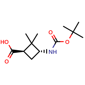 Chemical structure of (1R,3R)-3-(tert-butoxycarbonylamino)-2,2-dimethyl-cyclobutanecarboxylic acid , CAS 1932060-35-9, AChemBlock X183410