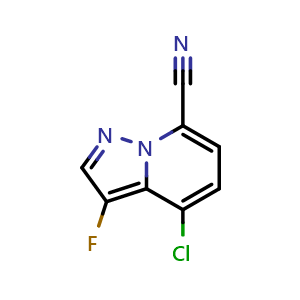 Chemical structure of 4-chloro-3-fluoro-pyrazolo[1,5-a]pyridine-7-carbonitrile , CAS 2403783-76-4, AChemBlock X183416