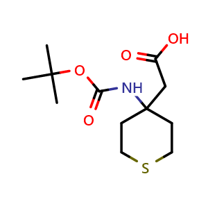 Chemical structure of 2-[4-(tert-butoxycarbonylamino)tetrahydrothiopyran-4-yl]acetic acid , CAS 946761-08-6, AChemBlock X183528