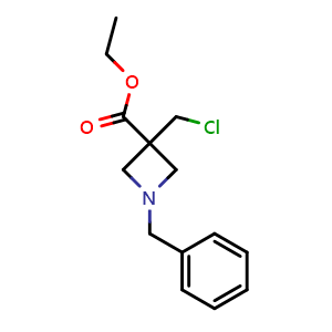 Chemical structure of ethyl 1-benzyl-3-(chloromethyl)azetidine-3-carboxylate , CAS 137266-85-4, AChemBlock X183531