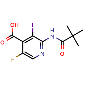 Chemical structure of 2-(2,2-dimethylpropanoylamino)-5-fluoro-3-iodo-pyridine-4-carboxylic acid , CAS 1299607-63-8, AChemBlock X183605