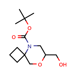 Chemical structure of tert-butyl 7-(hydroxymethyl)-8-oxa-5-azaspiro[3.5]nonane-5-carboxylate , CAS 2413896-19-0, AChemBlock X183669