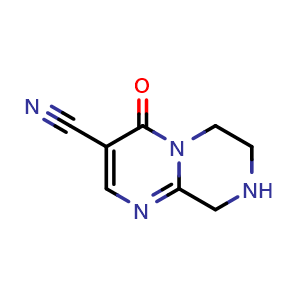 Chemical structure of 4-oxo-6,7,8,9-tetrahydropyrazino[1,2-a]pyrimidine-3-carbonitrile , CAS 2092038-14-5, AChemBlock X183708