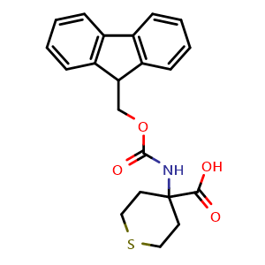 Chemical structure of 4-(9H-fluoren-9-ylmethoxycarbonylamino)tetrahydrothiopyran-4-carboxylic acid , CAS 368866-35-7, AChemBlock X183724