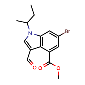 Chemical structure of methyl 6-bromo-3-formyl-1-sec-butyl-indole-4-carboxylate , CAS 1346576-38-2, AChemBlock X183804