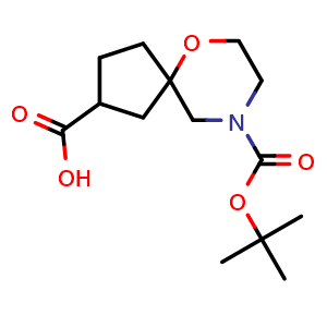 Chemical structure of 9-tert-butoxycarbonyl-6-oxa-9-azaspiro[4.5]decane-3-carboxylic acid , CAS 1251000-13-1, AChemBlock X183815