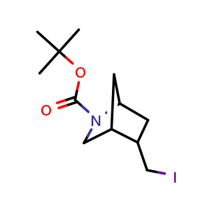 Chemical structure of tert-Butyl 5-(iodomethyl)-2-azabicyclo[2.2.1]heptane-2-carboxylate , CAS 1363210-44-9, AChemBlock X183878