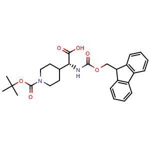 Chemical structure of (2R)-2-(1-tert-butoxycarbonyl-4-piperidyl)-2-(9H-fluoren-9-ylmethoxycarbonylamino)acetic acid , CAS 281655-71-8, AChemBlock X183880