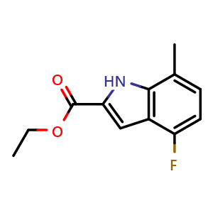 Chemical structure of ethyl 4-fluoro-7-methyl-1H-indole-2-carboxylate , CAS 1352906-36-5, AChemBlock X183994