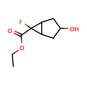 Chemical structure of ethyl 6-fluoro-3-hydroxy-bicyclo[3.1.0]hexane-6-carboxylate , CAS 1823364-71-1, AChemBlock X184019