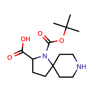 Chemical structure of 1-tert-butoxycarbonyl-1,8-diazaspiro[4.5]decane-2-carboxylic acid , CAS 2920397-60-8, AChemBlock X184041