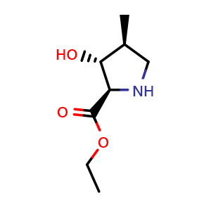 Chemical structure of ethyl (2R,3R,4S)-3-hydroxy-4-methyl-pyrrolidine-2-carboxylate , CAS 1027381-43-6, AChemBlock X184124