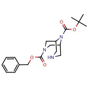 Chemical structure of O3-benzyl O9-tert-butyl 3,7,9-triazabicyclo[3.3.1]nonane-3,9-dicarboxylate , CAS 1251009-91-2, AChemBlock X184161