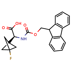 Chemical structure of (2S)-2-(9H-fluoren-9-ylmethoxycarbonylamino)-2-(3-fluoro-1-bicyclo[1.1.1]pentanyl)acetic acid , CAS 2020350-51-8, AChemBlock X184197