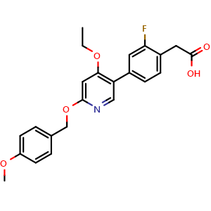 Chemical structure of 2-[4-[4-ethoxy-6-[(4-methoxyphenyl)methoxy]-3-pyridyl]-2-fluoro-phenyl]acetic acid , CAS 1627857-10-6, AChemBlock X184220