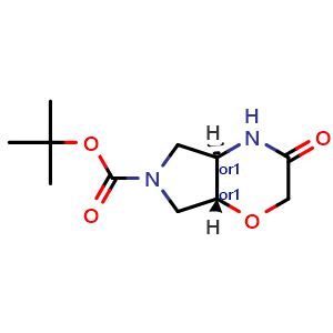 Chemical structure of tert-butyl trans-3-oxo-4a,5,7,7a-tetrahydro-4H-pyrrolo[3,4-b][1,4]oxazine-6-carboxylate , CAS 1250994-08-1, AChemBlock X184237