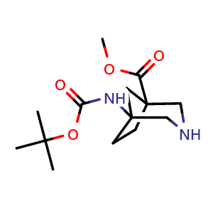Chemical structure of methyl 5-(tert-butoxycarbonylamino)-3-azabicyclo[3.2.1]octane-1-carboxylate , CAS 1228630-87-2, AChemBlock X184248