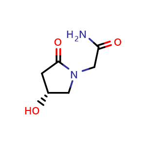 Chemical structure of 2-[(4R)-4-hydroxy-2-oxo-pyrrolidin-1-yl]acetamide , CAS 68252-28-8, AChemBlock X184282