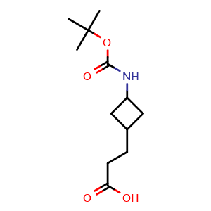 Chemical structure of 3-[3-(tert-butoxycarbonylamino)cyclobutyl]propanoic acid , CAS 2174000-24-7, AChemBlock X184302