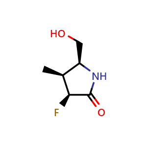 Chemical structure of (3S,4S,5S)-3-fluoro-5-(hydroxymethyl)-4-methyl-pyrrolidin-2-one , CAS 1817630-27-5, AChemBlock X184361