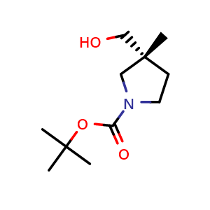 Chemical structure of tert-butyl (3R)-3-(hydroxymethyl)-3-methyl-pyrrolidine-1-carboxylate , CAS 2199214-75-8, AChemBlock X184372
