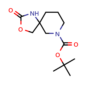 Chemical structure of tert-butyl 2-oxo-3-oxa-1,9-diazaspiro[4.5]decane-9-carboxylate , CAS 1779411-29-8, AChemBlock X184454