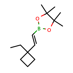 Chemical structure of 2-[2-(1-ethylcyclobutyl)vinyl]-4,4,5,5-tetramethyl-1,3,2-dioxaborolane , CAS 2246918-71-6, AChemBlock X184545