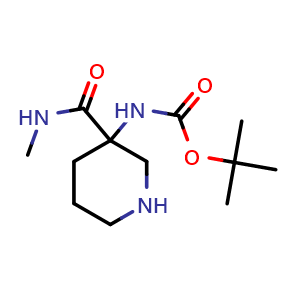 Chemical structure of tert-butyl N-[3-(methylcarbamoyl)-3-piperidyl]carbamate , CAS 2604515-02-6, AChemBlock X184560