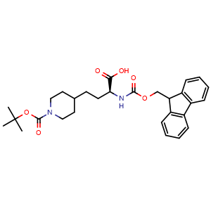 Chemical structure of (2S)-4-(1-tert-butoxycarbonyl-4-piperidyl)-2-(9H-fluoren-9-ylmethoxycarbonylamino)butanoic acid , CAS 313052-18-5, AChemBlock X184584