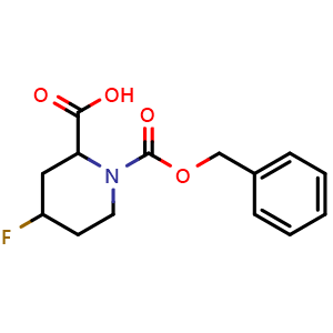 Chemical structure of 1-benzyloxycarbonyl-4-fluoro-piperidine-2-carboxylic acid , CAS 1544577-83-4, AChemBlock X184596