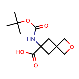 Chemical structure of 6-(tert-butoxycarbonylamino)-2-oxaspiro[3.3]heptane-6-carboxylic acid , CAS 1823515-64-5, AChemBlock X184599