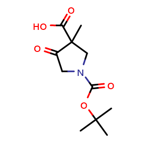 Chemical structure of 1-tert-butoxycarbonyl-3-methyl-4-oxo-pyrrolidine-3-carboxylic acid , CAS 1242028-71-2, AChemBlock X184609