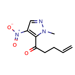 Chemical structure of 1-(2-methyl-4-nitro-pyrazol-3-yl)pent-4-en-1-one , CAS 2622330-84-9, AChemBlock X184618