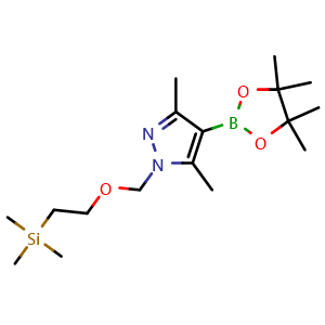Chemical structure of 2-[[3,5-dimethyl-4-(4,4,5,5-tetramethyl-1,3,2-dioxaborolan-2-yl)pyrazol-1-yl]methoxy]ethyl-trimethyl-silane , CAS 1000801-22-8, AChemBlock X184706