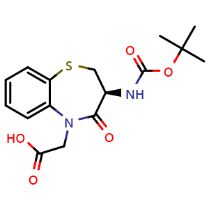 Chemical structure of 2-[(3S)-3-(tert-butoxycarbonylamino)-4-oxo-2,3-dihydro-1,5-benzothiazepin-5-yl]acetic acid , CAS 250349-13-4, AChemBlock X184732