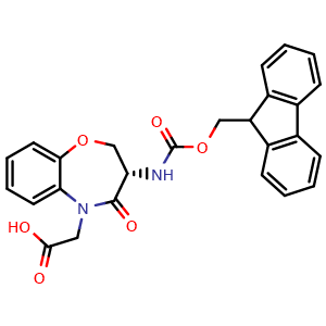 Chemical structure of 2-[(3S)-3-(9H-fluoren-9-ylmethoxycarbonylamino)-4-oxo-2,3-dihydro-1,5-benzoxazepin-5-yl]acetic acid , CAS 959574-95-9, AChemBlock X184733