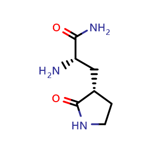 Chemical structure of (2S)-2-amino-3-[(3S)-2-oxopyrrolidin-3-yl]propanamide , CAS 2628280-47-5, AChemBlock X184736