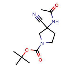 Chemical structure of tert-butyl 3-acetamido-3-cyano-pyrrolidine-1-carboxylate , CAS 1803582-78-6, AChemBlock X184751