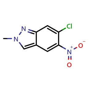 Chemical structure of 6-chloro-2-methyl-5-nitro-indazole , CAS 1801267-04-8, AChemBlock X184855