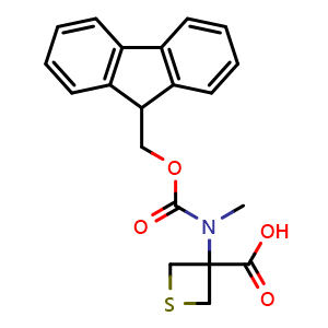 Chemical structure of 3-[9H-fluoren-9-ylmethoxycarbonyl(methyl)amino]thietane-3-carboxylic acid , CAS 1934867-46-5, AChemBlock X184882