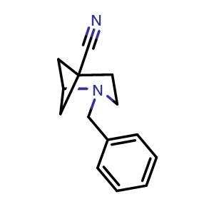 Chemical structure of 2-benzyl-2-azabicyclo[3.1.1]heptane-5-carbonitrile , CAS 1882055-83-5, AChemBlock X184914