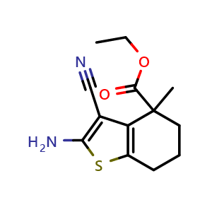 Chemical structure of ethyl 2-amino-3-cyano-4-methyl-6,7-dihydro-5H-benzothiophene-4-carboxylate , CAS 175599-84-5, AChemBlock X184923