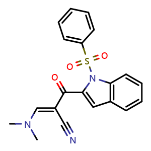 Chemical structure of (E)-2-[1-(benzenesulfonyl)indole-2-carbonyl]-3-(dimethylamino)prop-2-enenitrile , CAS 1265231-91-1, AChemBlock X184948