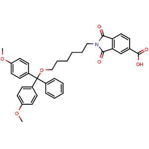 Chemical structure of 2-[6-[bis(4-methoxyphenyl)-phenyl-methoxy]hexyl]-1,3-dioxo-isoindoline-5-carboxylic acid , CAS 137394-61-7, AChemBlock X184956